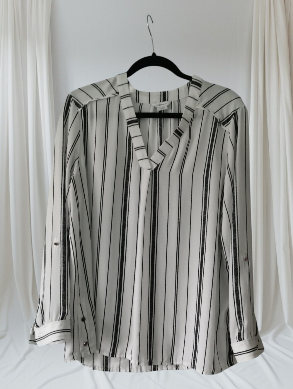 Reitmans Black & White Striped V-Neck Blouse - Picture 2 of 8